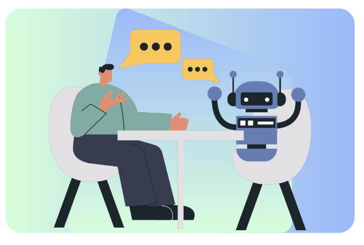 A person seated across a table from a robot, both with speech bubbles