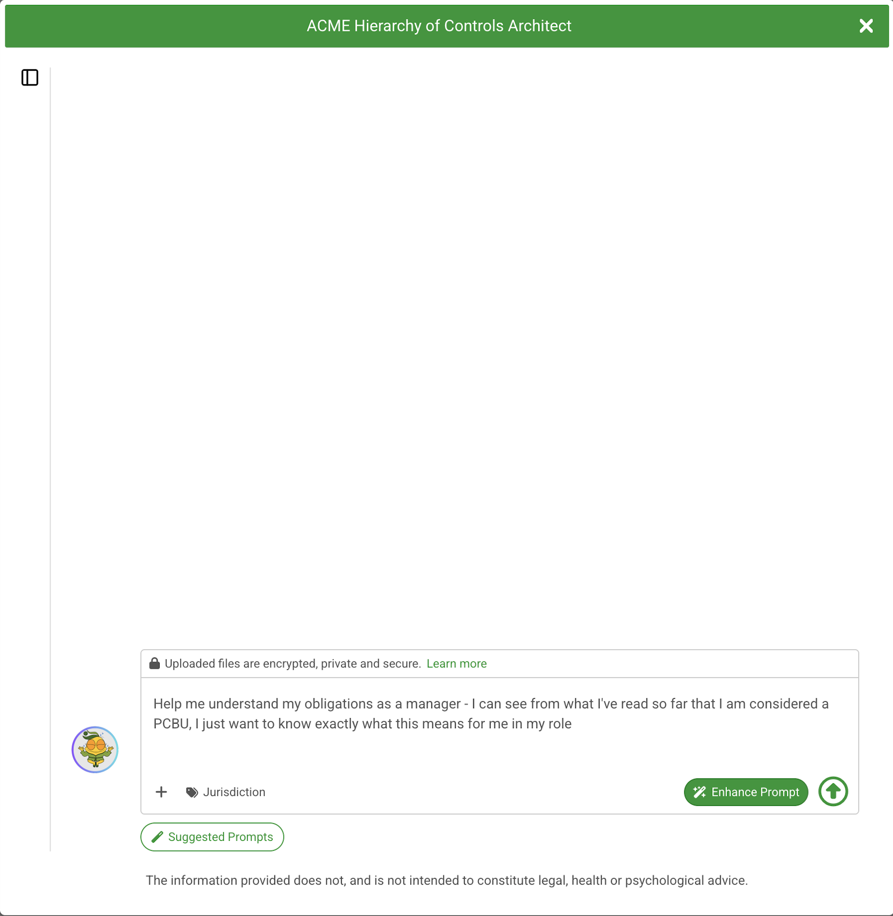 Gentia Enhance Prompt workspace expanding a manager's question about psychosocial compliance obligations