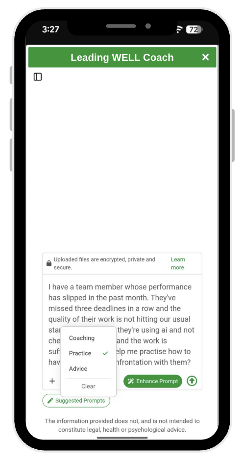 A phone screen showing the Leading WELL Coach, where a manager asks how to handle a team member whose performance has slipped, with Coaching, Practice and Advice options open