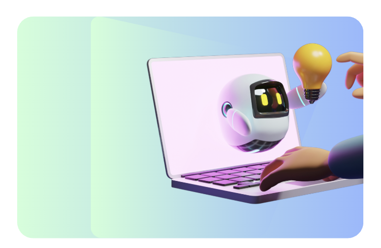 A robot emerging from a laptop screen handing a glowing light bulb to a person