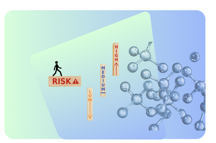 A figure walking on a plank marked RISK beside low, medium and high markers