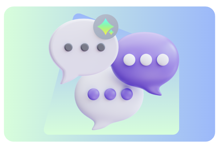 Three overlapping speech bubbles, one of them highlighted with an AI spark icon