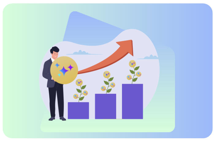 A person beside a rising bar chart with plants growing from each column