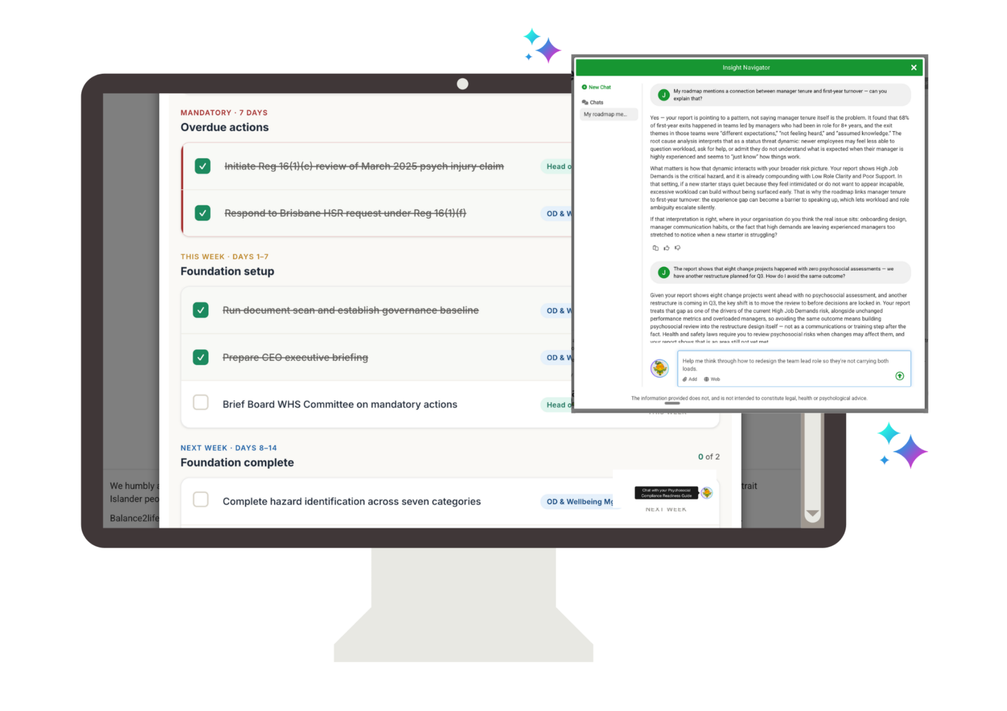 The Gentia platform showing a prioritised psychosocial risk action list with an Insight Navigator open alongside it.