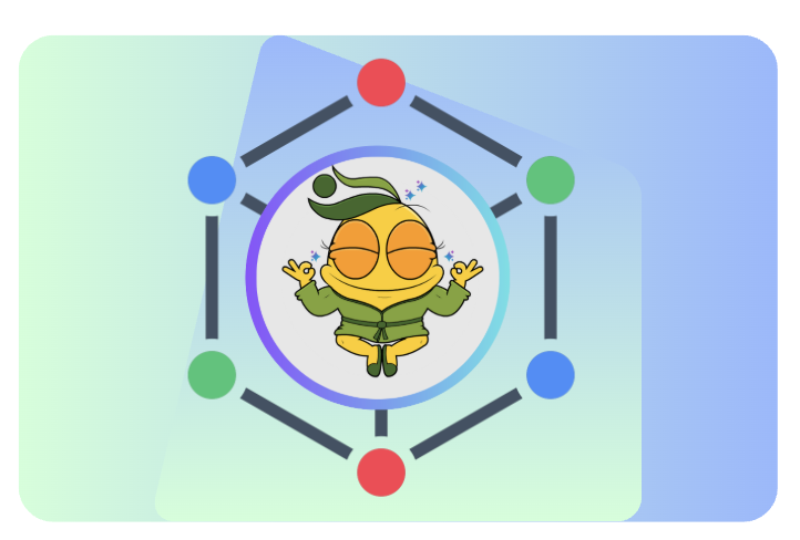 A cartoon character seated inside a hexagonal network of connected nodes