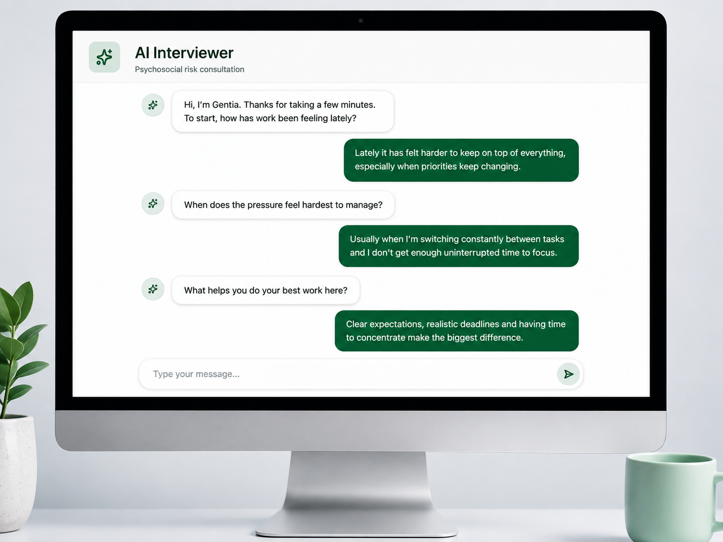 A conversational assessment in progress, with the AI asking an adaptive follow-up question based on the employee's previous answer.