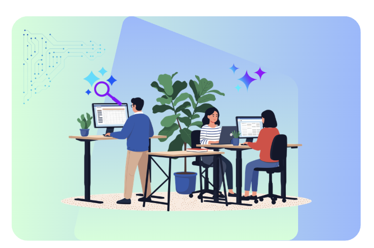 Three colleagues working at desks with computers in an open office