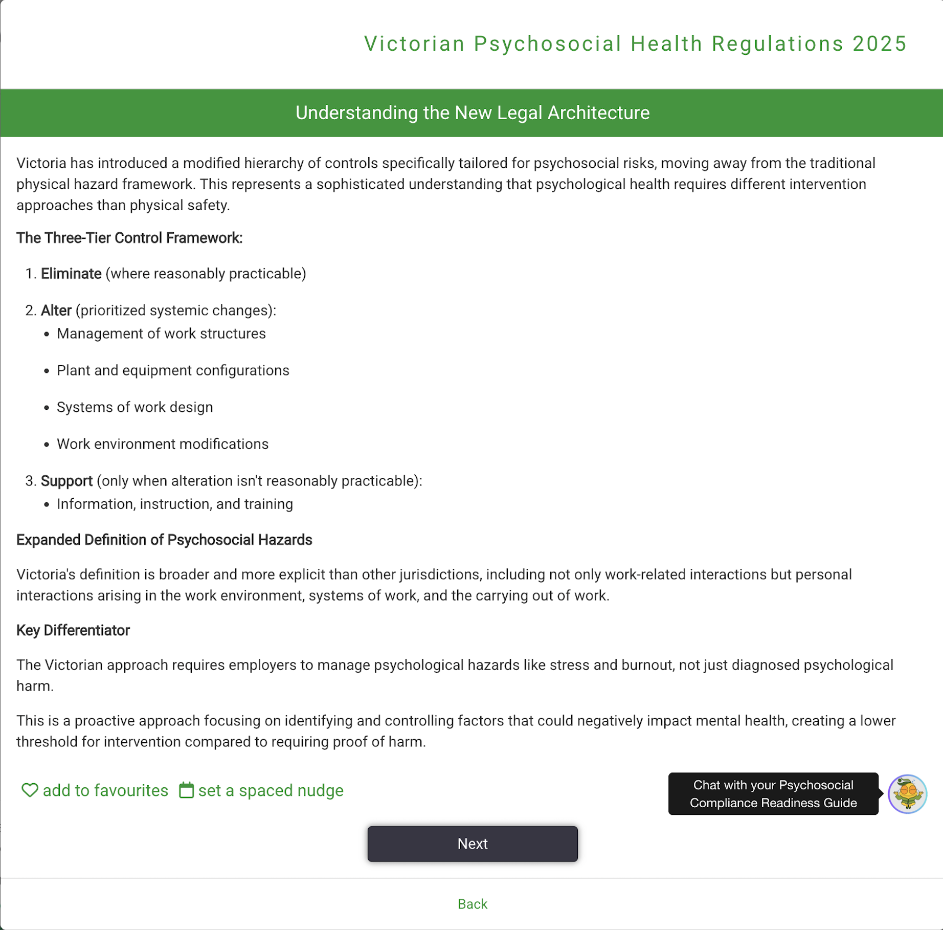 Gentia training lesson explaining Victorian psychosocial health regulations with AI assistant controls and learning actions