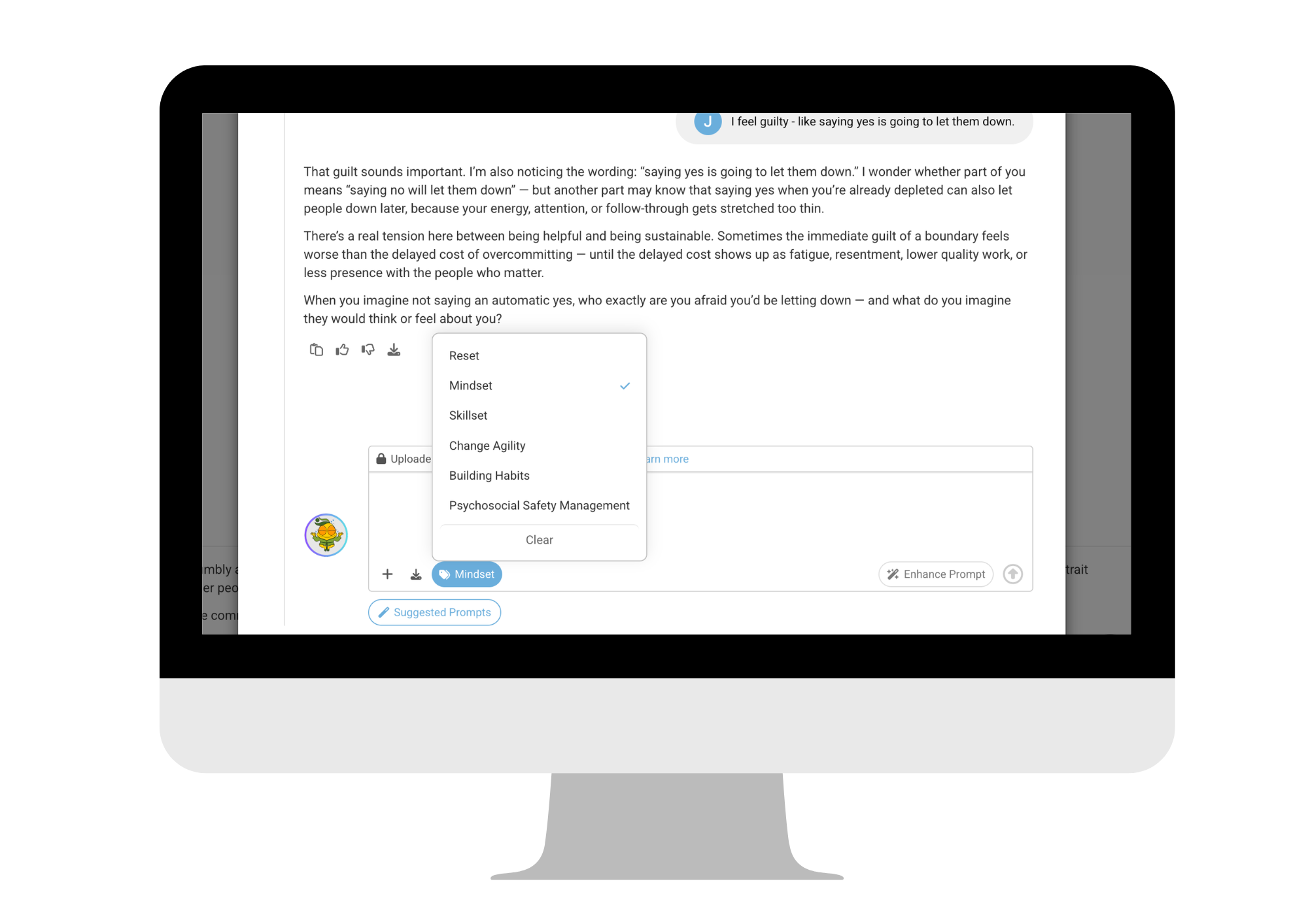 The Leading WELL coaching agent working through a real situation with a manager, with the focus-area menu open.