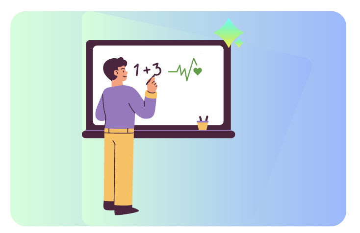 A person at a whiteboard writing an equation beside a heartbeat line and heart