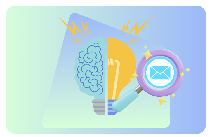 A brain and lightbulb split down the middle beside a magnifying glass over an email icon