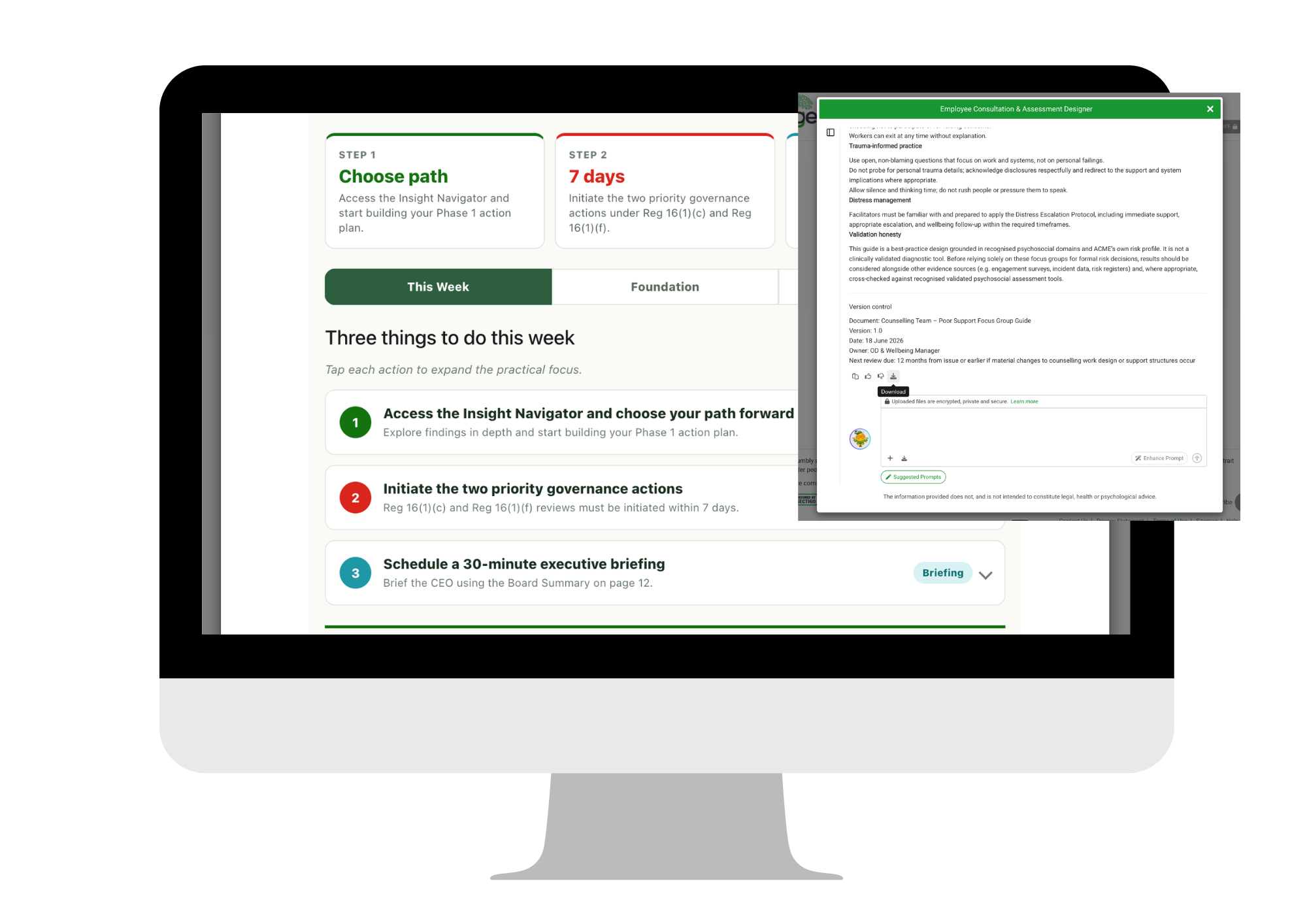 Gentia desktop view showing the week's prioritised actions with an employee consultation and assessment designer open