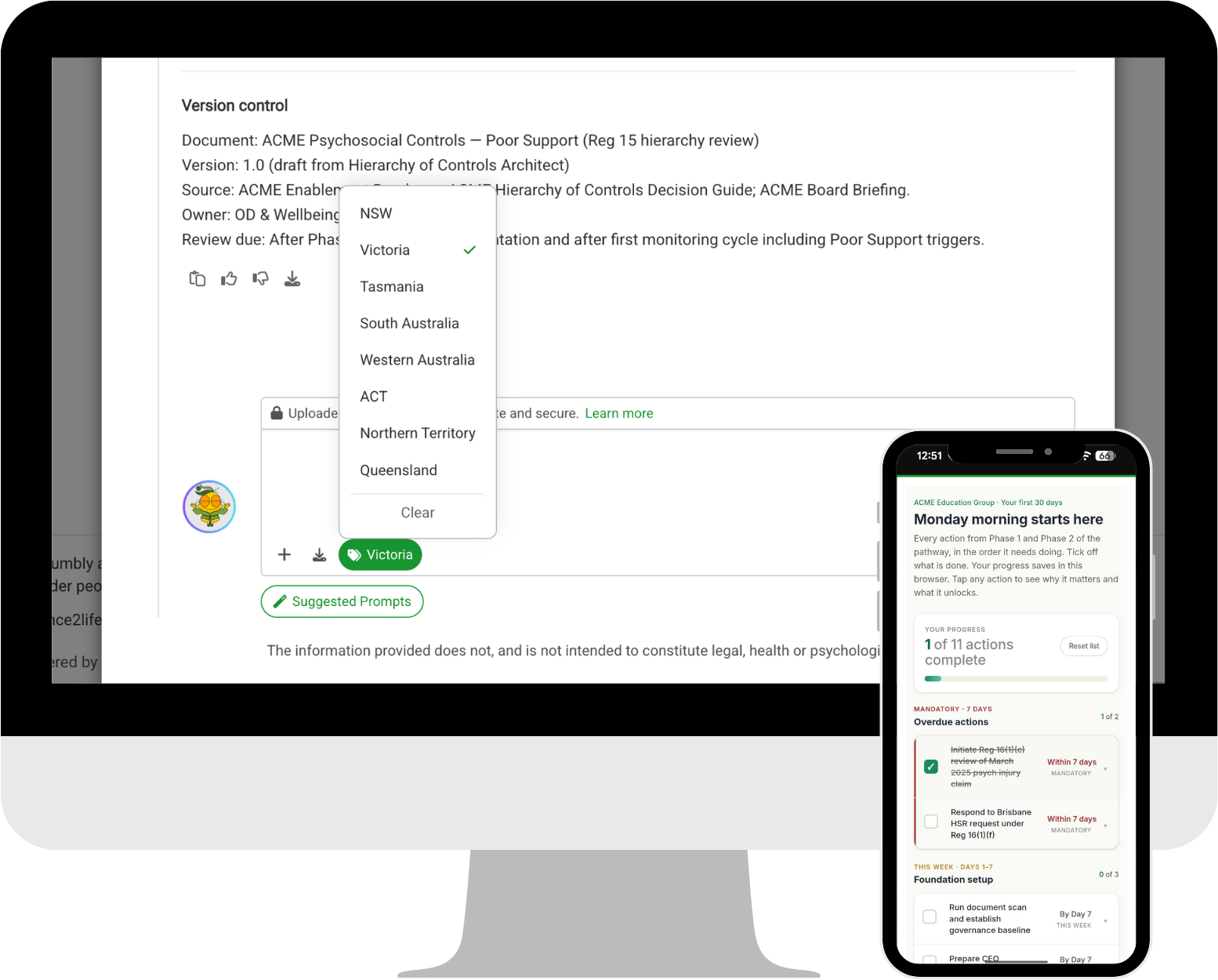 A desktop monitor showing a Gentia psychosocial controls document with the jurisdiction dropdown open, and a phone beside it displaying a manager's workforce checklist